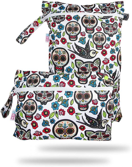 Petit Lulu Reusable & Washable Diaper Bag | Waterproof | Double Size | Zipper Closure and snap Handle | Made in Europe (Mexican Skulls (on White)) - Image 2