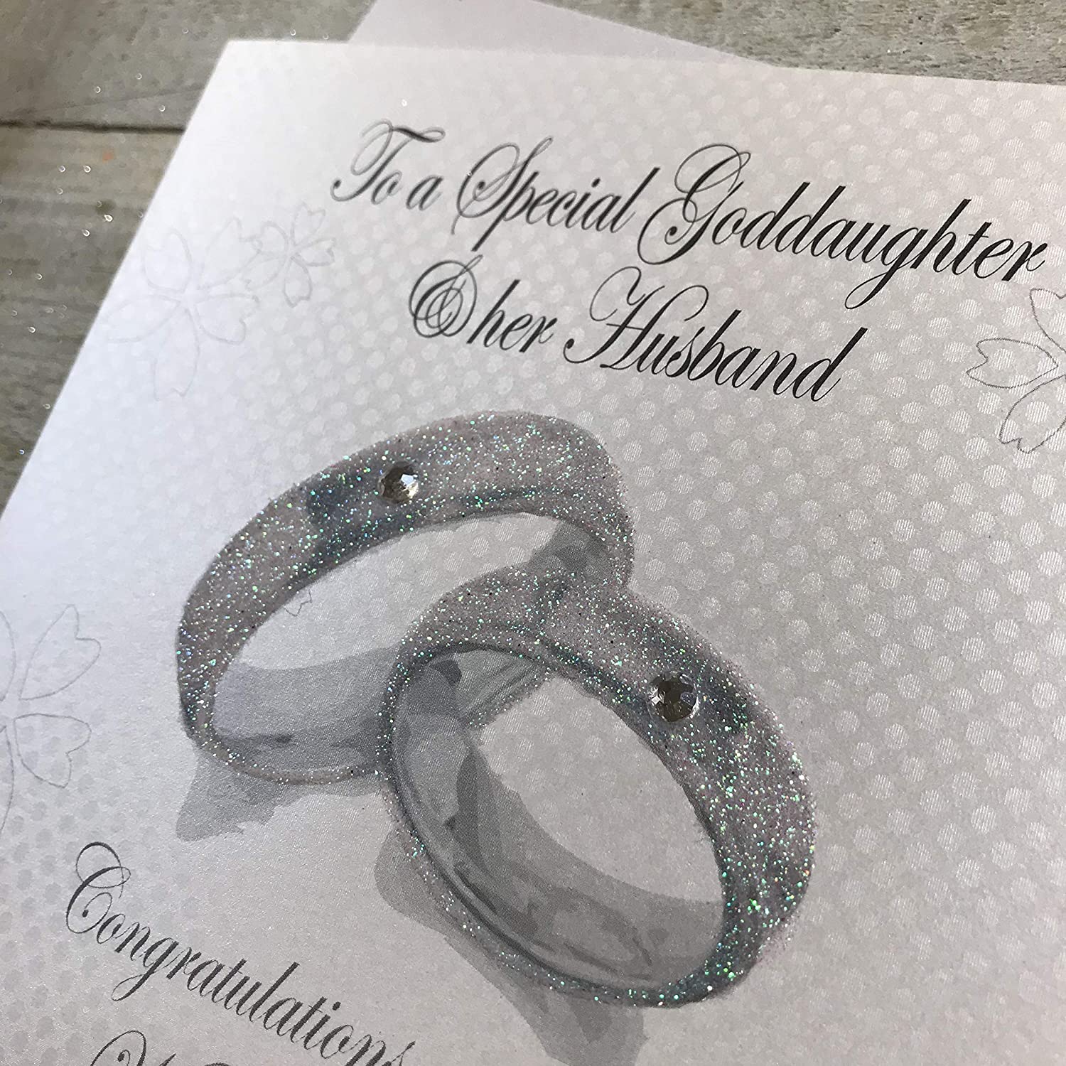 white cotton cards Handmade To a Special Goddaughter & Her Husband Congratulations On Your Wedding Day Wedding Bands Card, White, PD249 - Image 3