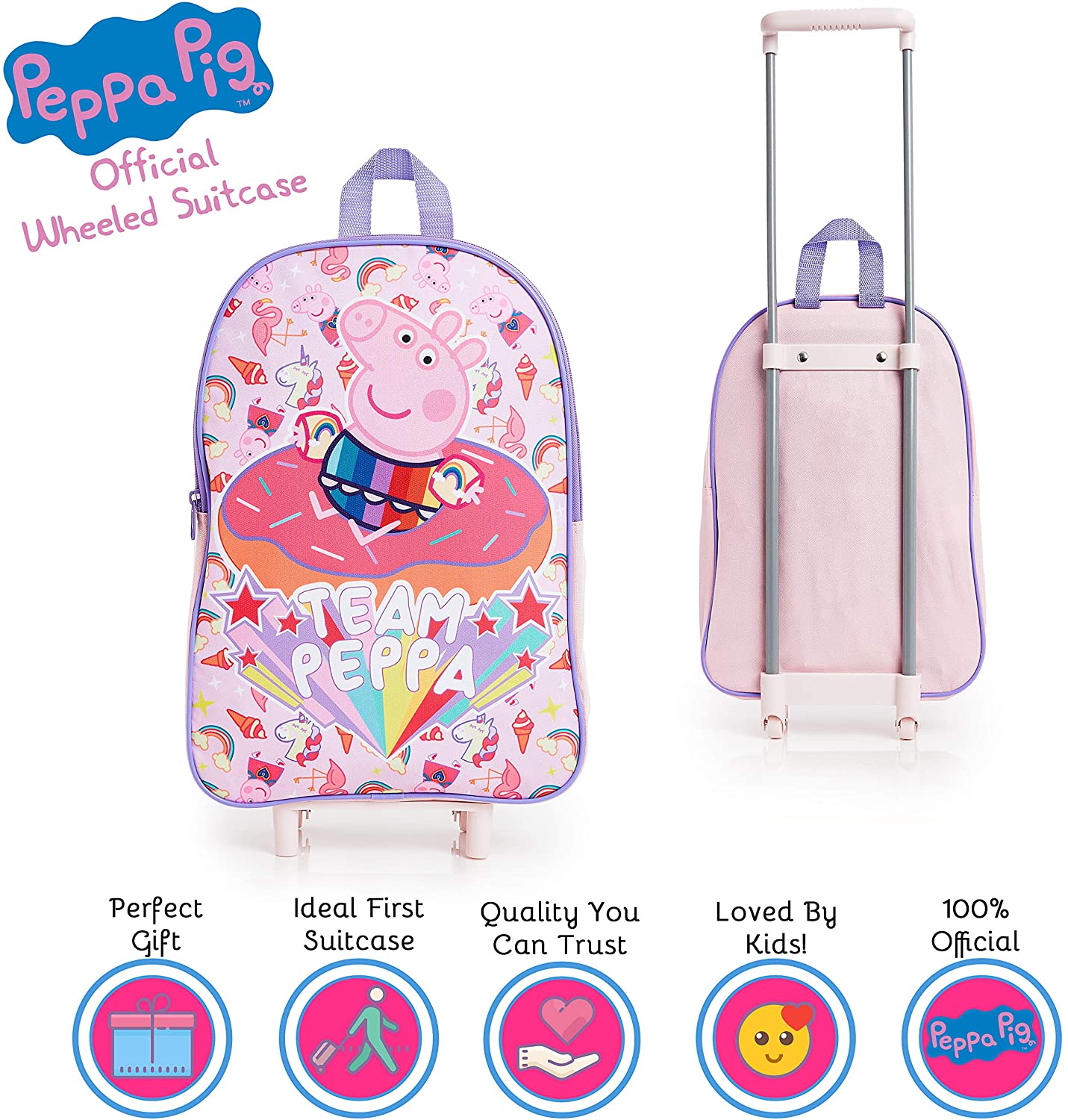 Peppa Pig Unicorn Suitcase for Girls, Kids Trolley Hand Luggage with 2