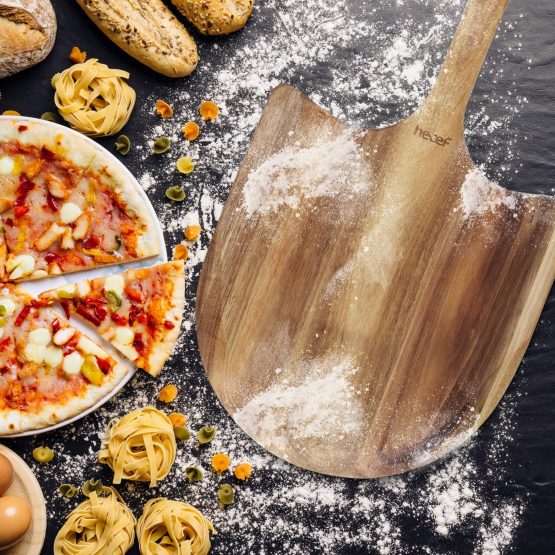 hecef Acacia Wood Pizza Peel, 12" Large Pizza Paddle & Cutting Board, Serving Board for Homemade Pizza, Cheese, Fruits & Cake - Image 2