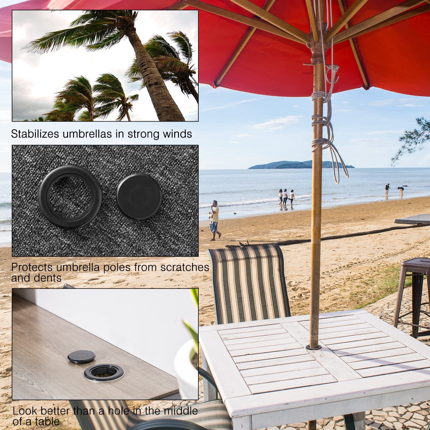 Bememo 2 Inch Patio Table Umbrella Hole Ring and Cap Set, Standard Size Umbrella Thicker Hole Ring Plug and Cap Set (Black) - Image 2