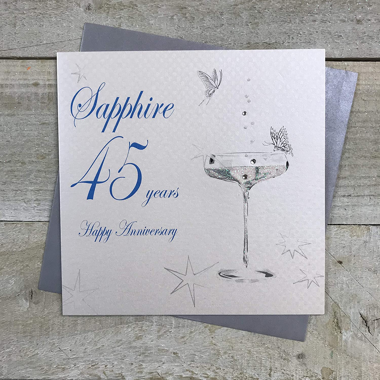 White Cotton Cards BD145C Coupe Glass "Happy Anniversary 'Sapphire' 45 Years" Handmade Anniversary Card, White
