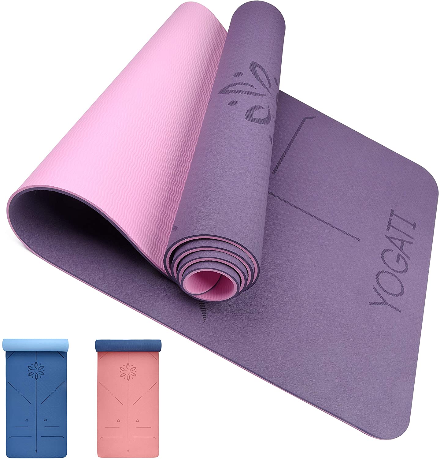 YOGATI Yoga Mat. Thick, Non-Slip, Eco-Friendly Exercise & Fitness Mat with Body Alignment Lines. Purple