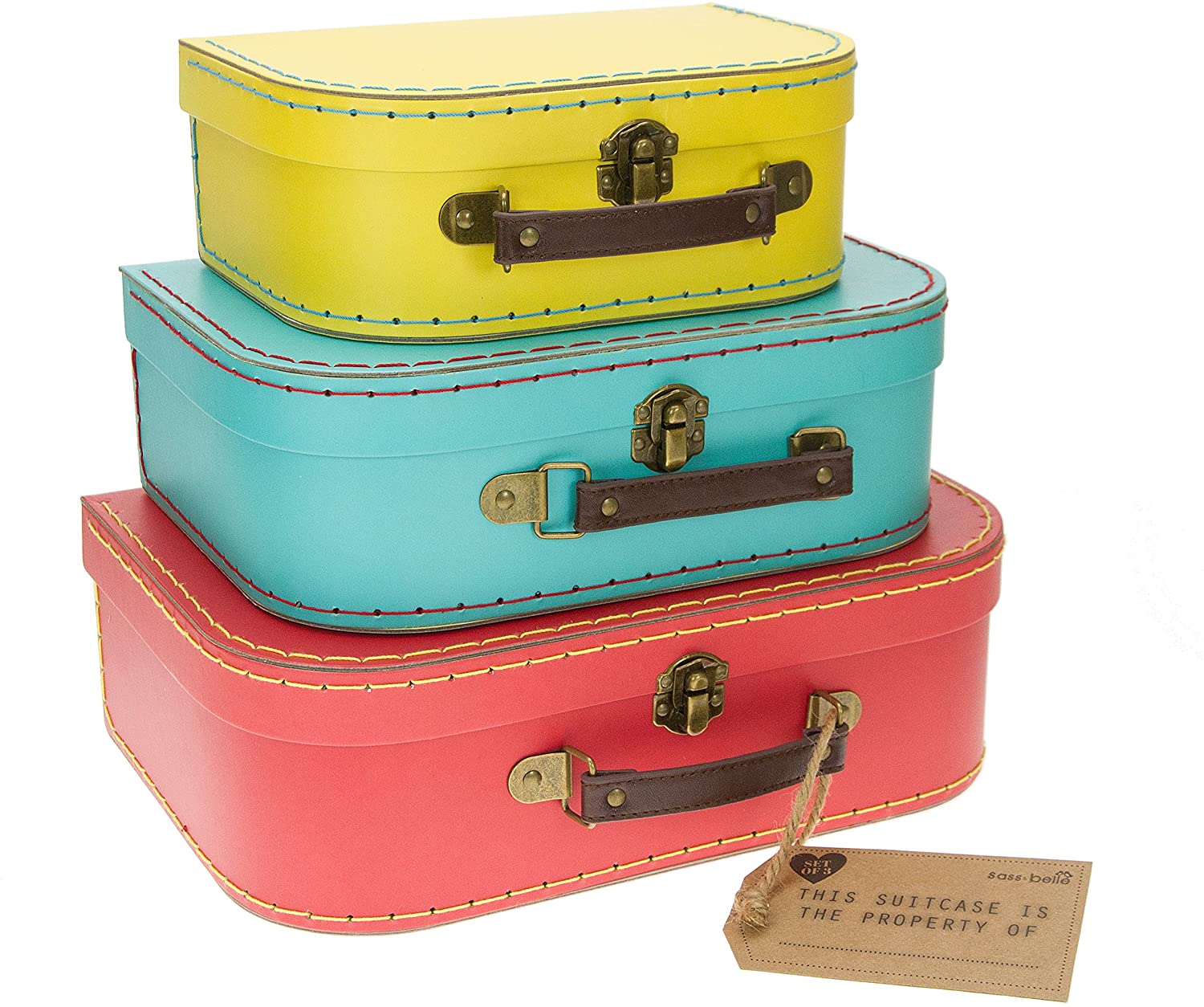 Sass & Belle Brights (Set of 3) Retro Suitcases, Red / Blue / Yellow, 29x20x10