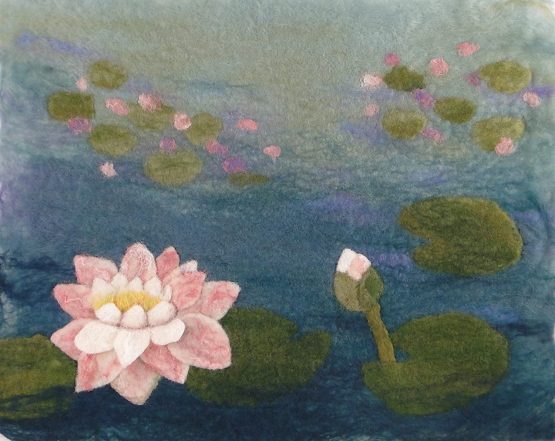 Artfelt Water Lily picture felt kit- a carefully designed felting kit to make a Water Lily picture inspired by Monet with online tutorial.