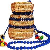 Purpledip Rich Velvet Potli Bag (Clutch, Drawstring Purse, Evening Handbag) For Women With Heavy Gold Embroidery Work and Colorful Tassels, Blue (11482)