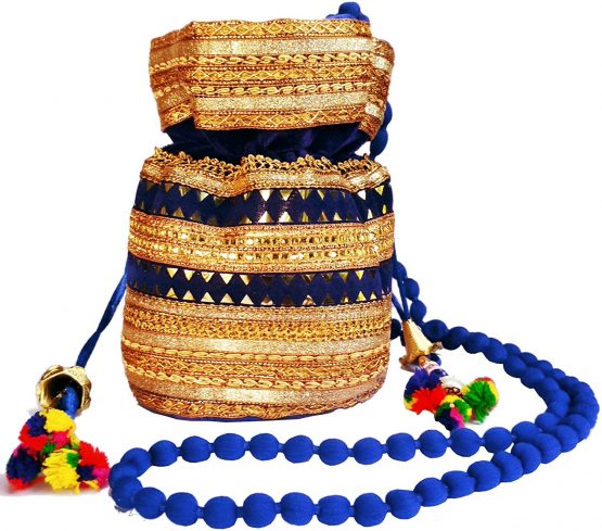 Purpledip Rich Velvet Potli Bag (Clutch, Drawstring Purse, Evening Handbag) For Women With Heavy Gold Embroidery Work and Colorful Tassels, Blue (11482)