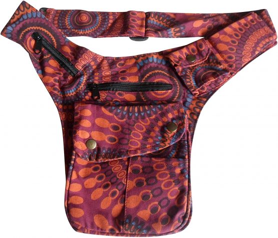 FAIR Trade Boho Cotton Print Travel 7 Pocket Passport Bag Utility Hip Money Belt (Burgundy Print)