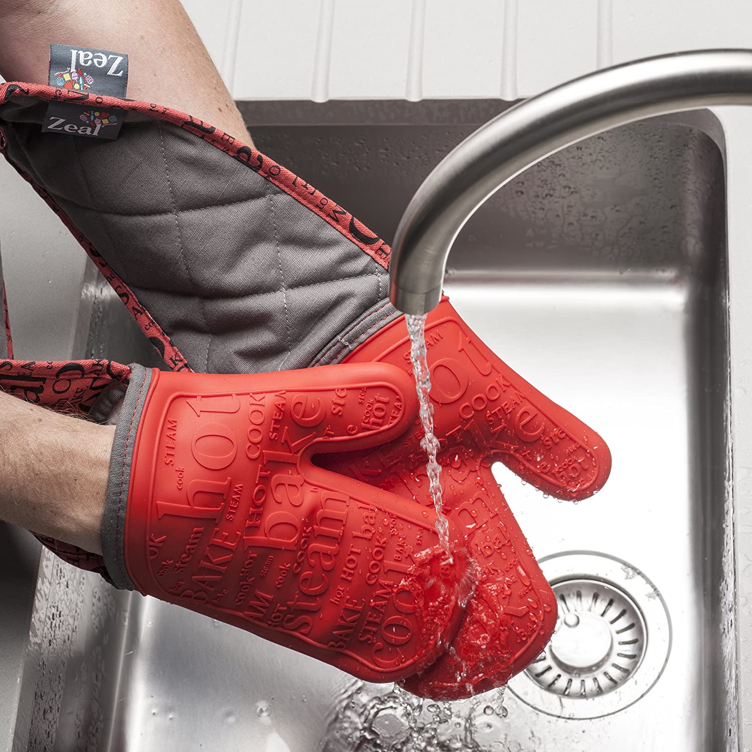 Zeal Silicone Heavy Duty Double Oven Gloves Mitts Red (94 cm Long) Script BigaMart