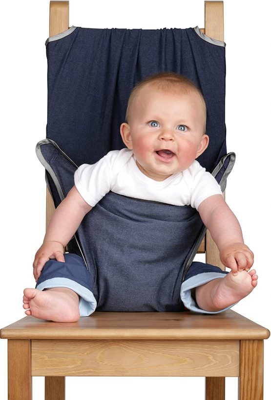 The totseat portable travel high chair (100% cotton denim blue) | Convenient, quick and easy,fitting all dining chairs (6-30 months) | Material chair harness so compact it will fit in your bag | Machine washable