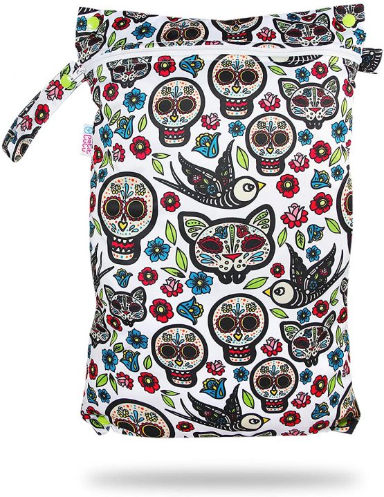 Petit Lulu Reusable & Washable Diaper Bag | Waterproof | Double Size | Zipper Closure and snap Handle | Made in Europe (Mexican Skulls (on White))