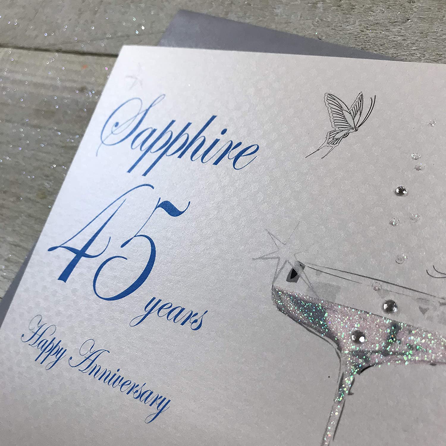 White Cotton Cards BD145C Coupe Glass "Happy Anniversary 'Sapphire' 45 Years" Handmade Anniversary Card, White - Image 2