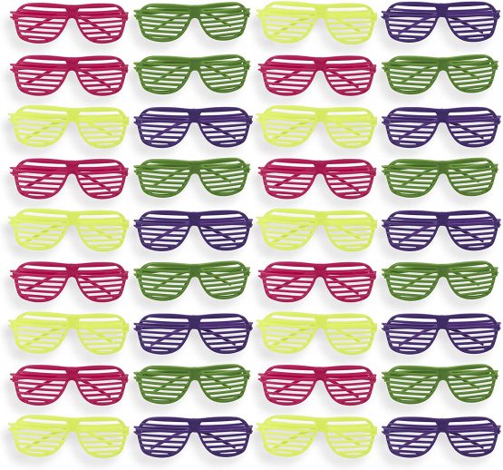 Party Sunglasses 36 Pack of Neon Color Plastic Slotted Shutter Shades 80s Party Favors Supplies Eye-wear Glasses Props in Yellow, Purple, Pink, Green