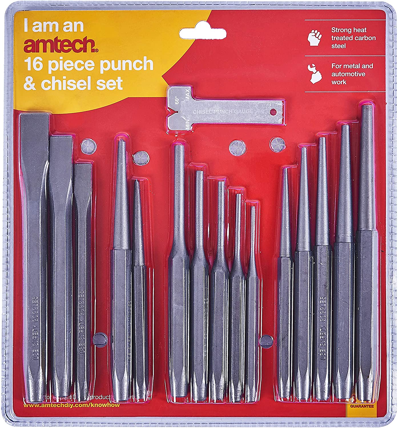 Amtech I1225 16pc Mechanics' Punch & Chisel Set, Carbon Steel Pin, Taper & Cold Chisels with Gauge - Image 3