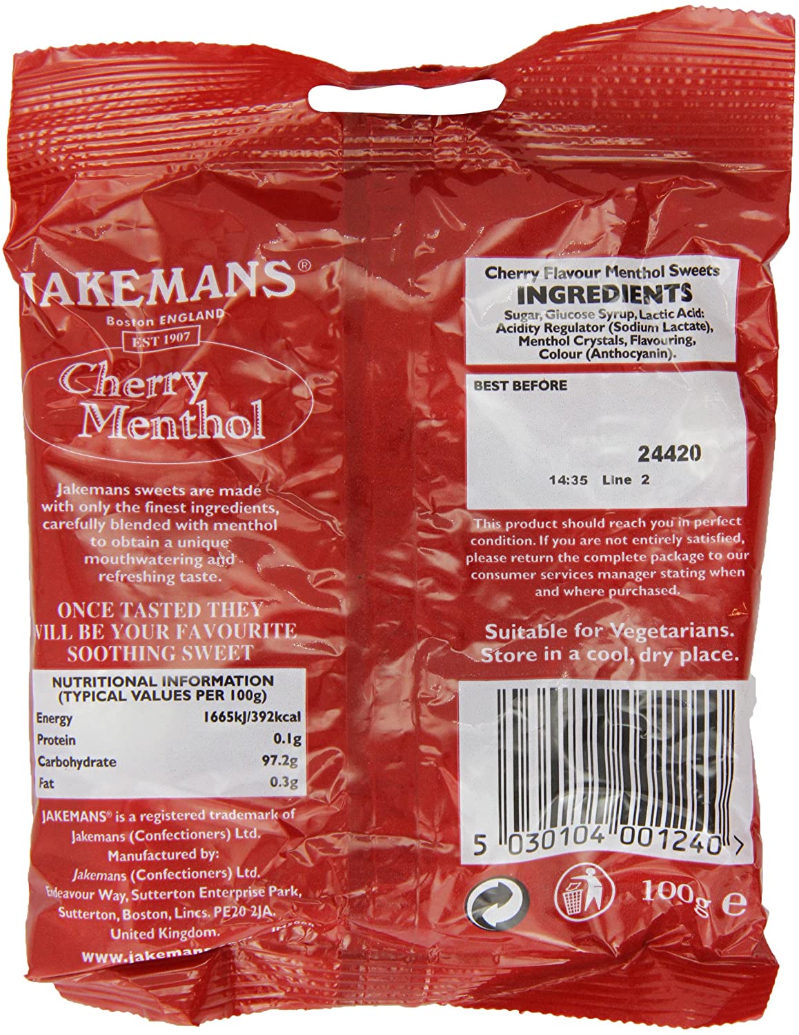 Jakemans Cherry Flavour 100g Bags - Pack of 10 - Soothing menthol sweets - Suitable for vegetarians, Red, 100 g (Pack of 10) - Image 2