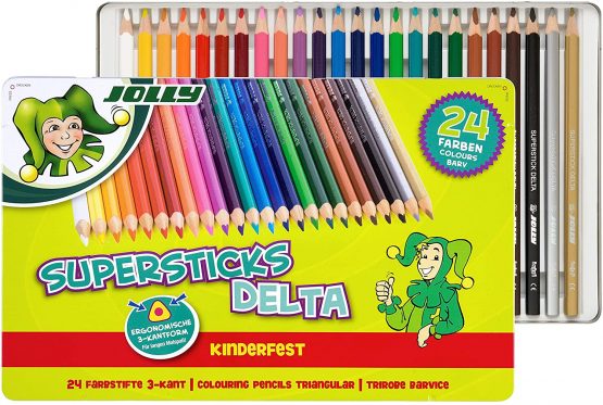 Jolly Superstick Delta Colouring Pencils, Triangular Colouring Pencils, Child Safe and Shatterproof, Non-Toxic, Pack of 24 in Metal Case
