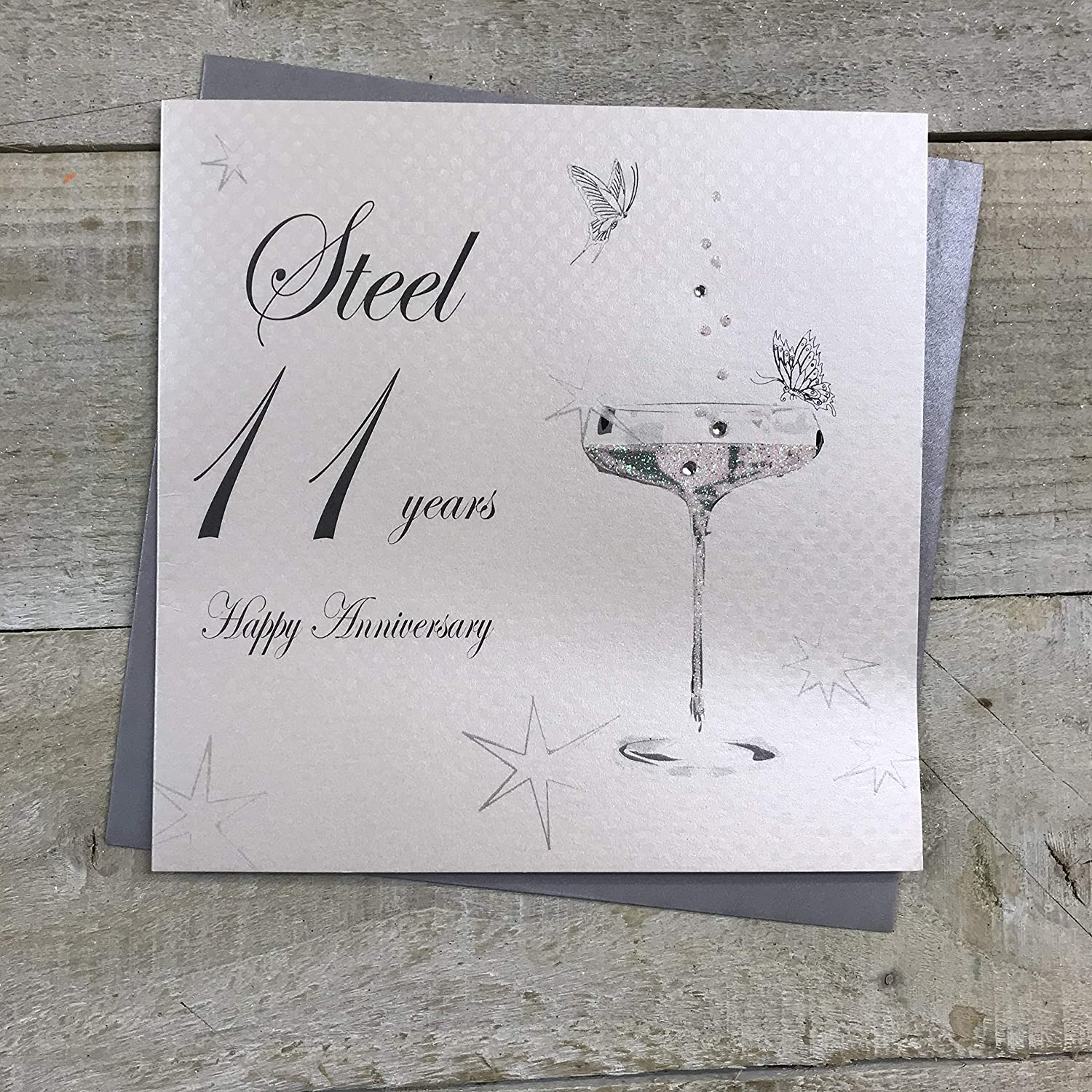 White Cotton Cards BD111C Coupe Glass "Happy Anniversary 'Steel' 11 Years" Handmade Anniversary Card, White