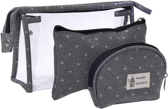 Cosmetic Bags Set Clear Toiletry Makeup Pouch for Travel, 3PCS Waterproof Transparent Plastic Beauty Organizer Case with Zipper for Vacation, Small Wallet Purse Gift for Women, Grey