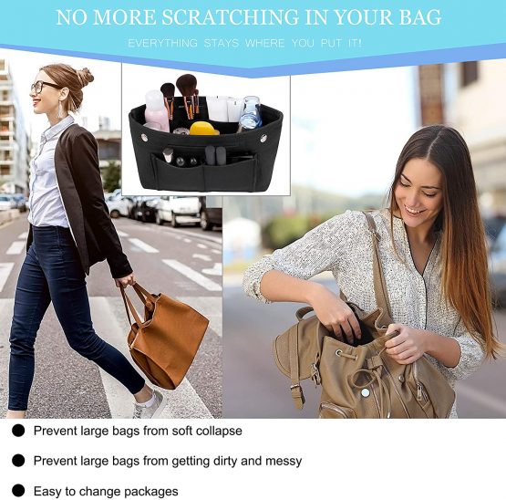 Felt Handbag Organiser Multi-Pocket Insert Tidy Pocket Purse Cosmetic Storage Bag for Women Black - Image 3