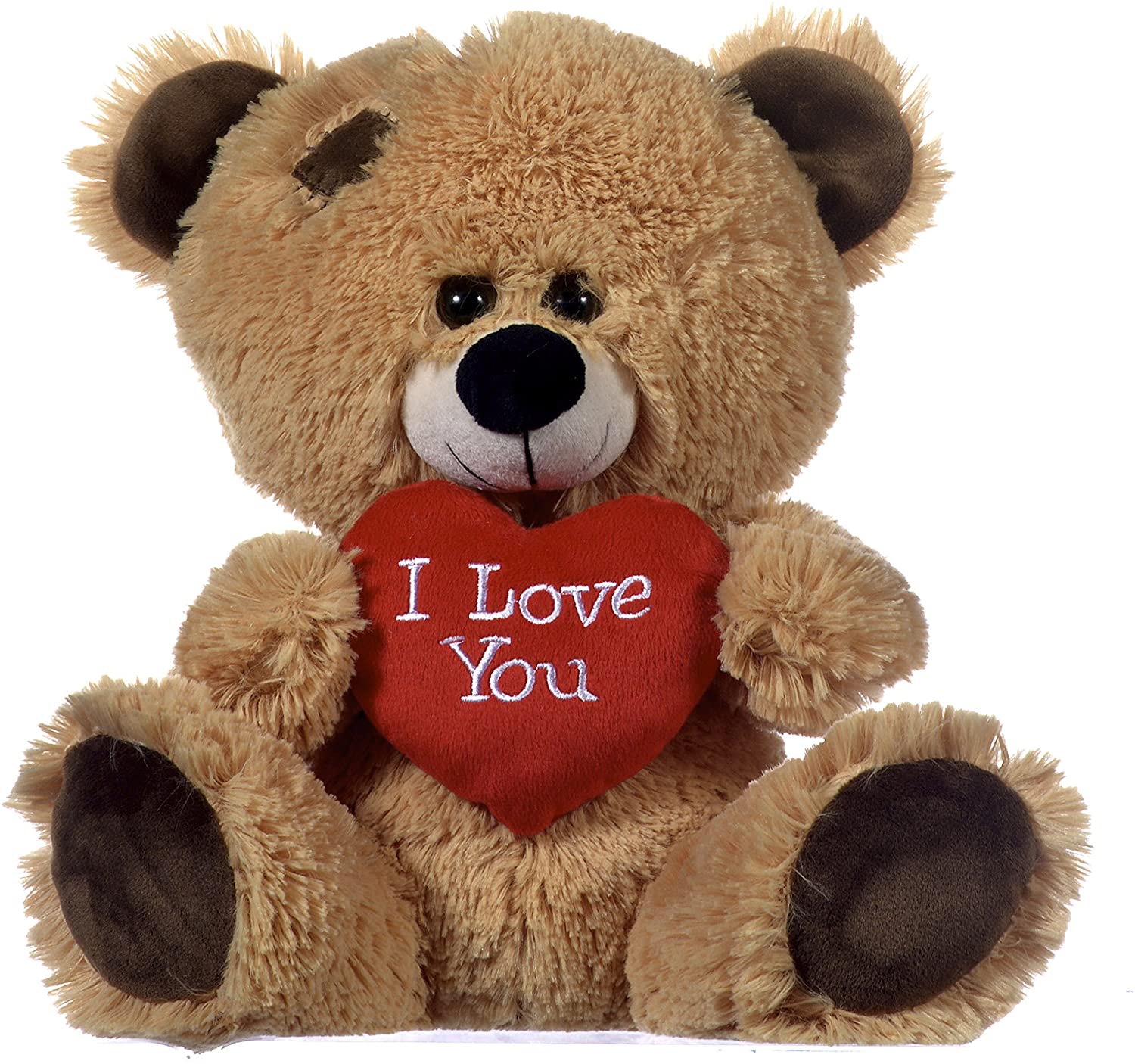 Brown Patchwork Teddy Bear holding Red Heart with "I Love You" written on it (Golden Brown, 10.5")