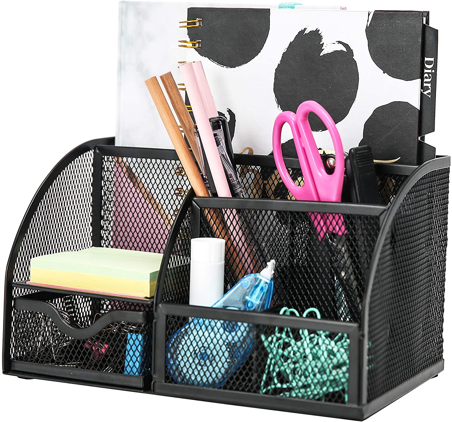 EXERZ Desk Organiser/Mesh Desk Tidy Caddy/Pencil Holder Multifunctional with 7 Compartments- Black