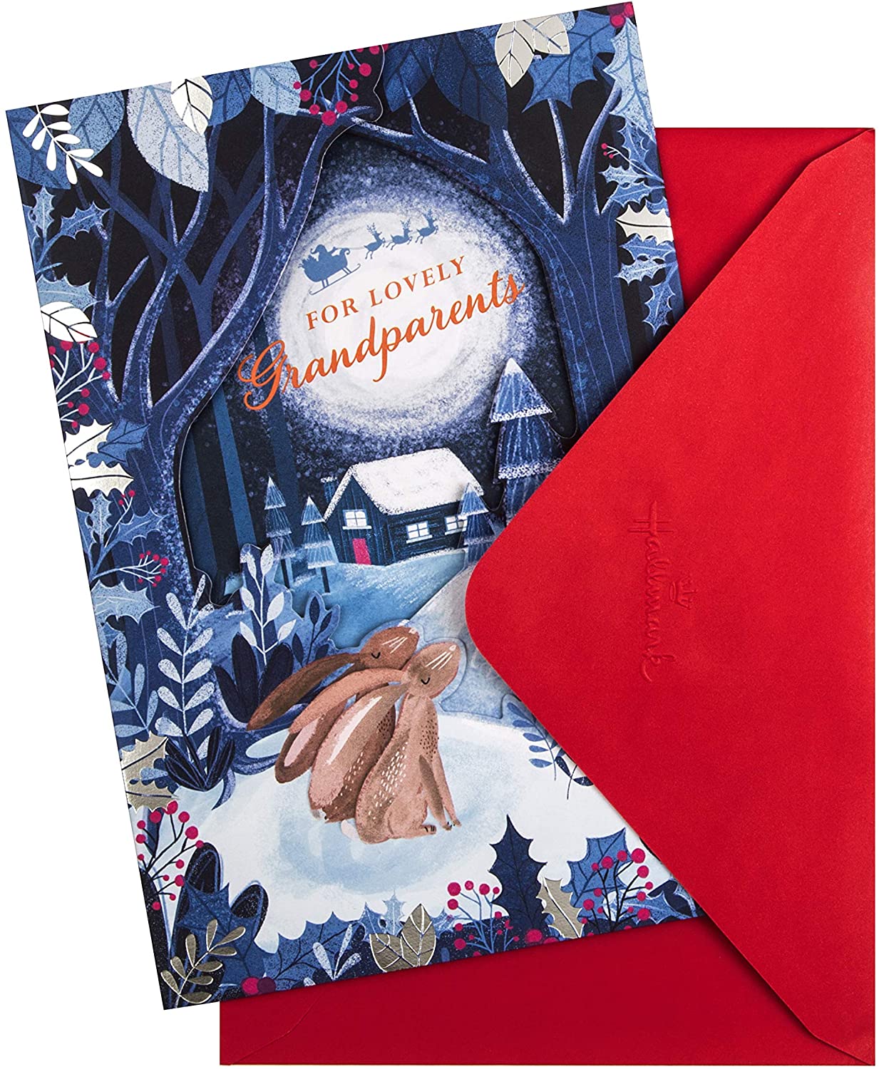 Hallmark Christmas Card for Grandparents - Traditional Rabbit Design, Blue, Purple & Silver, 22.8 cm by 15.9 cm - Image 2