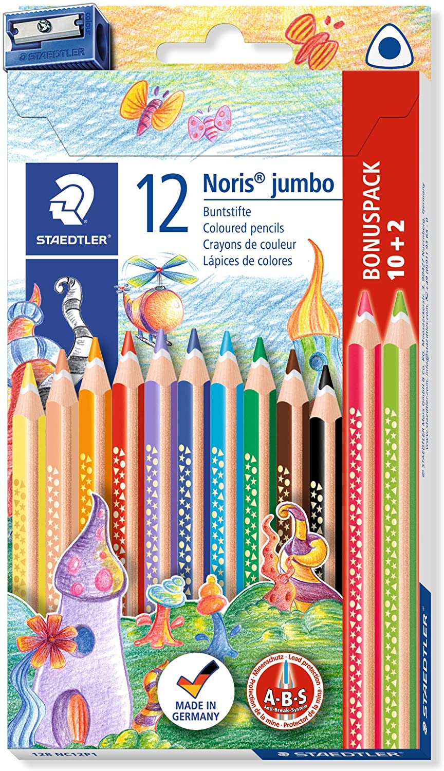 STAEDTLER 128 NC12P1 Noris Jumbo Coloured Pencils in Assorted Colours, Pack of 10 + 2, with Sharpener, white, 12 count (Pack of 1)