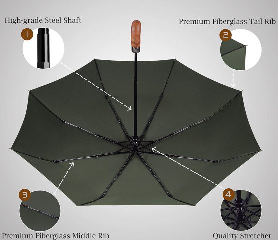 Balios® Prestige Travel Umbrella, Real Wood Handle, Auto Open & Close, Vented Windproof Double Canopy, Designed in UK (Bright Orange with Real Wood Handle) - Image 2