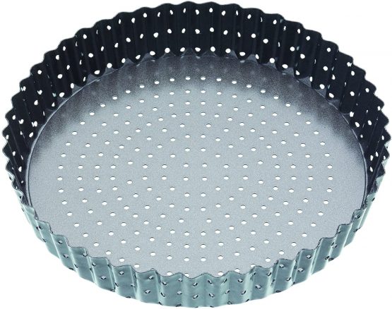 MasterClass KCMCCB39 Crusty Bake 20 cm Perforated Quiche Tin with PFOA Free Non Stick and Loose Bottom, Fluted, Robust 1 mm Carbon Steel, Grey