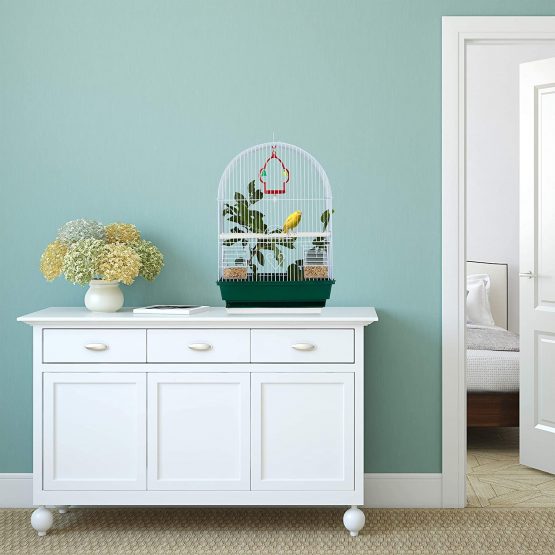 Relaxdays Small Birdcage, Budgies, Canaries, Perch, Bowl, HxWxD 49.5 x 34.5 x 28 cm, White/Greem - Image 2