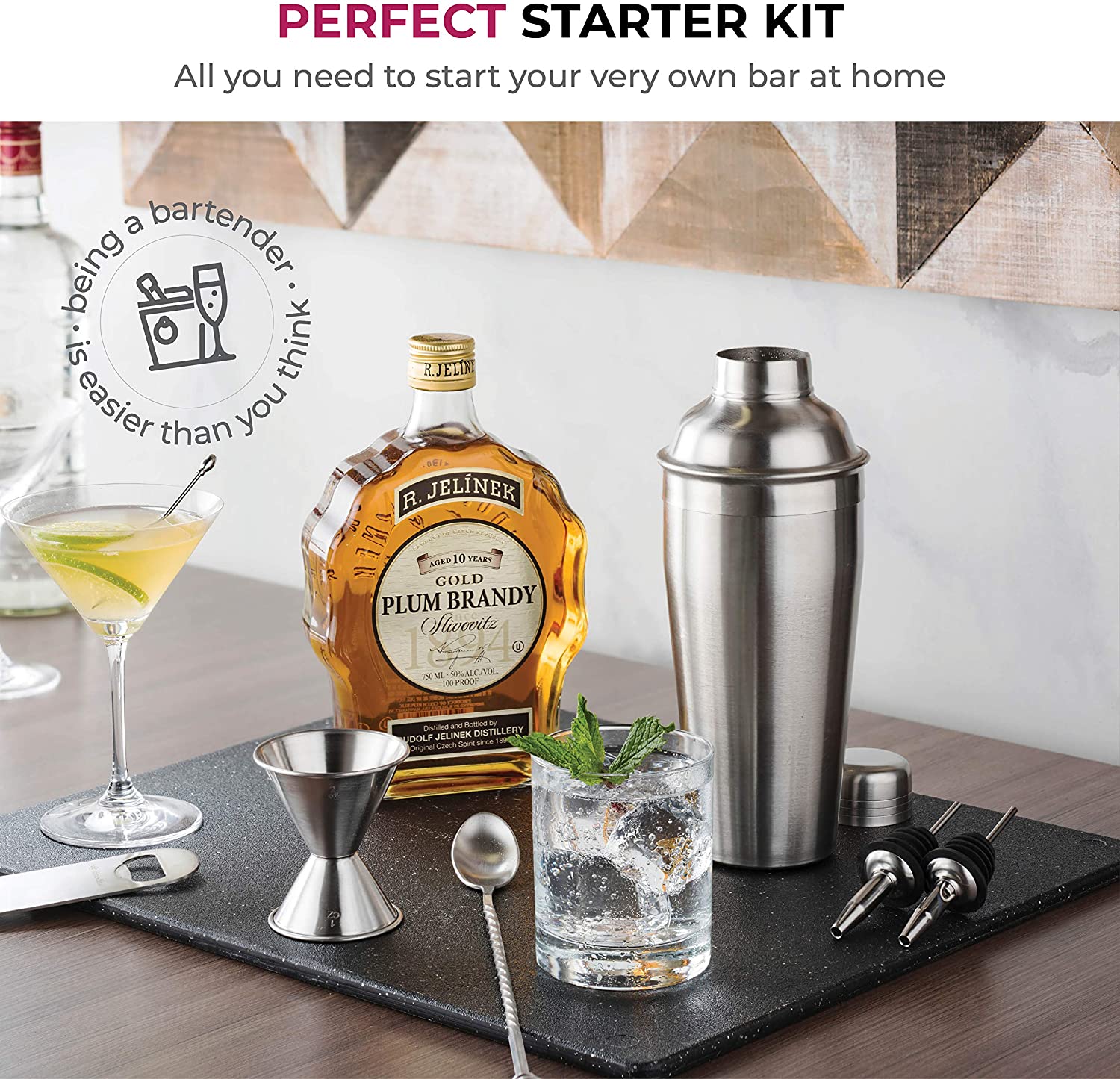 FineDine 7-Piece Stainless Steel Cocktail Shaker Set - 26 oz Shaker & Strainer - Bartender Kit - Cocktail Gift Set - Image 3
