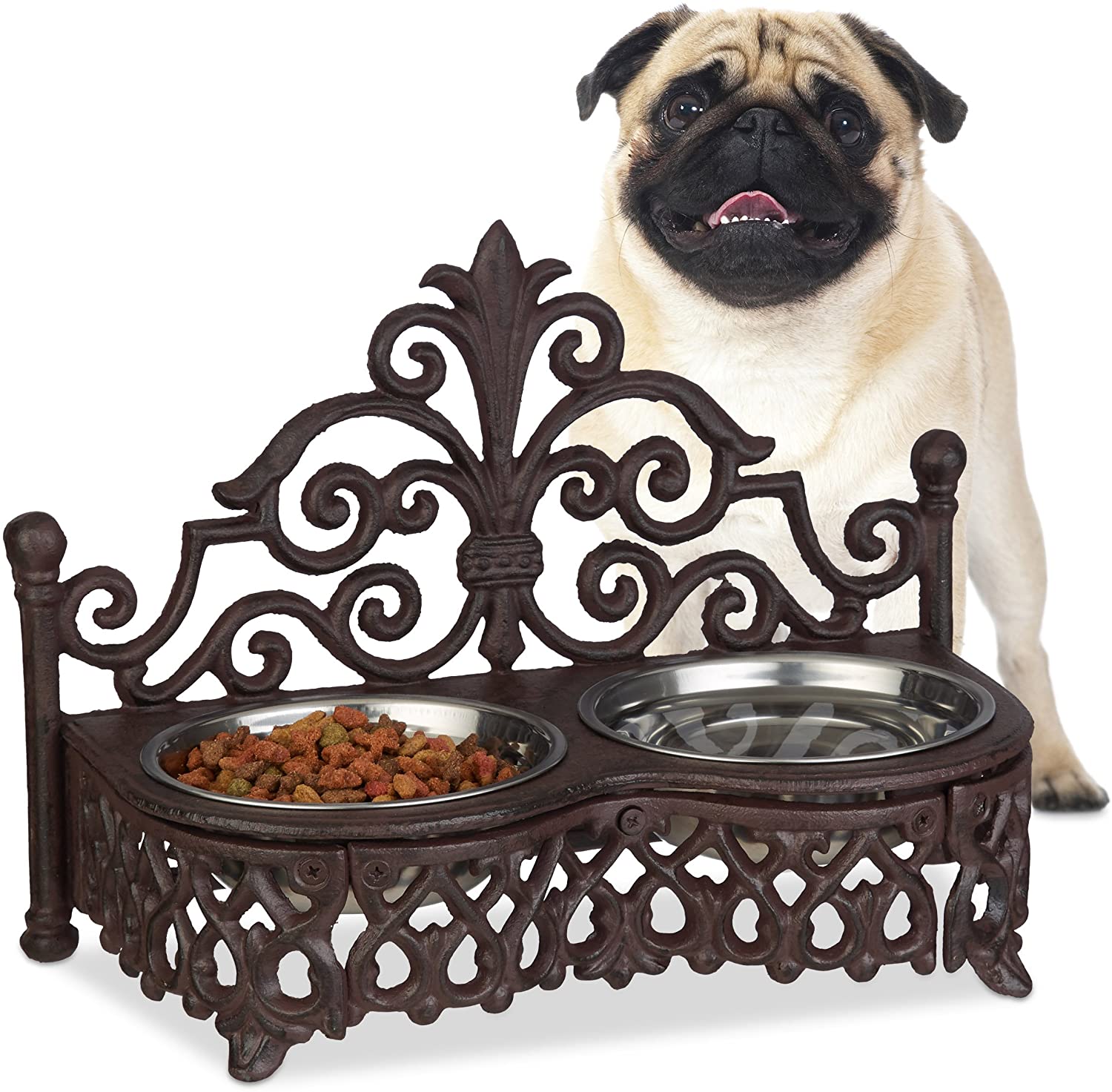 Relaxdays Dog Feeding Station, Antique, Double Removable Style Steel Bowls, Cast Iron, Brown, 23 x 31 x 15 cm