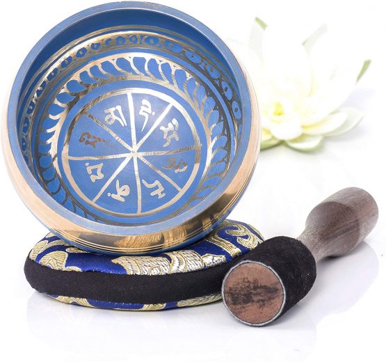 Tibetan Singing Bowl Set ~ Easy to Play with New Dual-End Striker & Cushion ~ Creates Beautiful Sound for Holistic Healing, Meditation & Relaxation ~ Gratitude Pattern ~ Blue Bowl with Blue Pillow