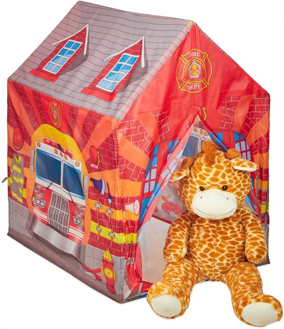 Relaxdays 10028886 Firehouse Tent, Large Playhouse for Boys & Girls, Indoor Use, 3 Years & Up, 103 x 71 x 94 cm, Red