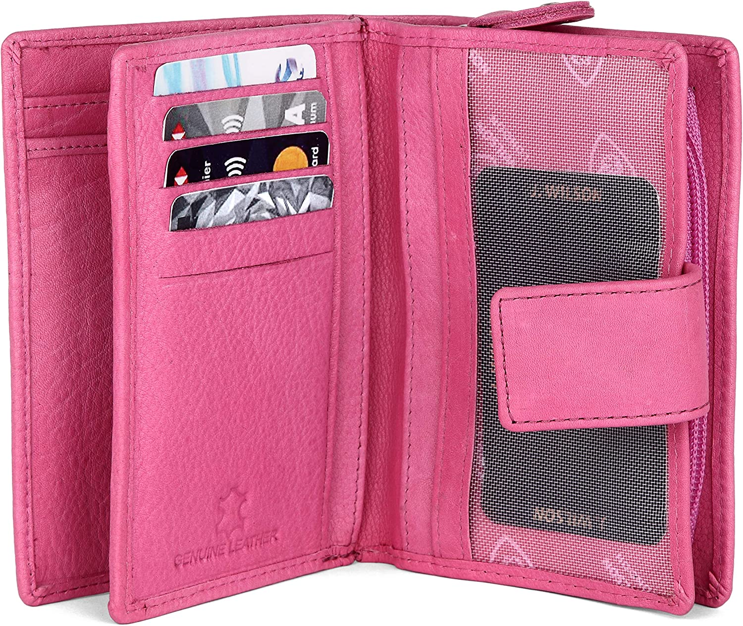 J. Wilson London Ladies RFID Safe Designer Leather Purse Card Women Wallet Zip Pocket Boxed, Pink - Image 4