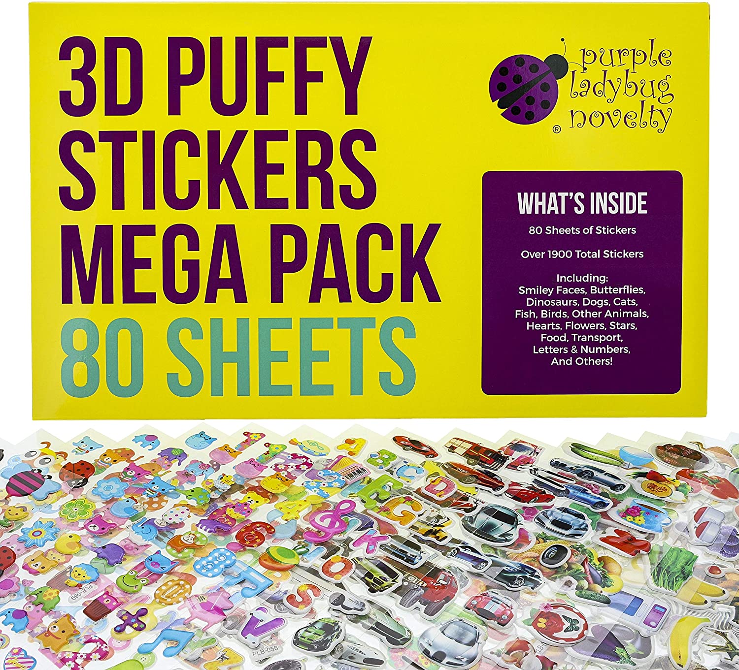 PURPLE LADYBUG 2000 PCS 3D Puffy Stickers for Children, 80 Unique Kids Sticker Sheets Featuring Animals, Dinosaurs & Letters - Image 3