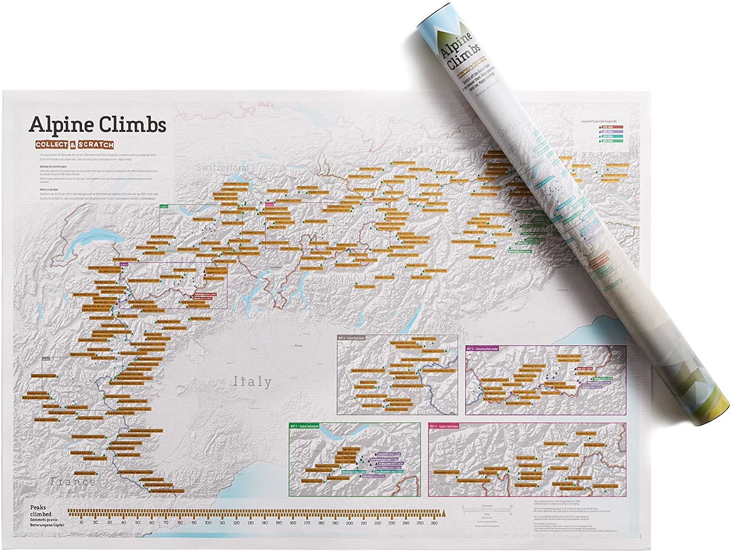 Scratch Off Alpine Climbs Print, Maps International, Poster Gift for Walking/Climbing Enthusiasts, alps Peaks, Gift Tube