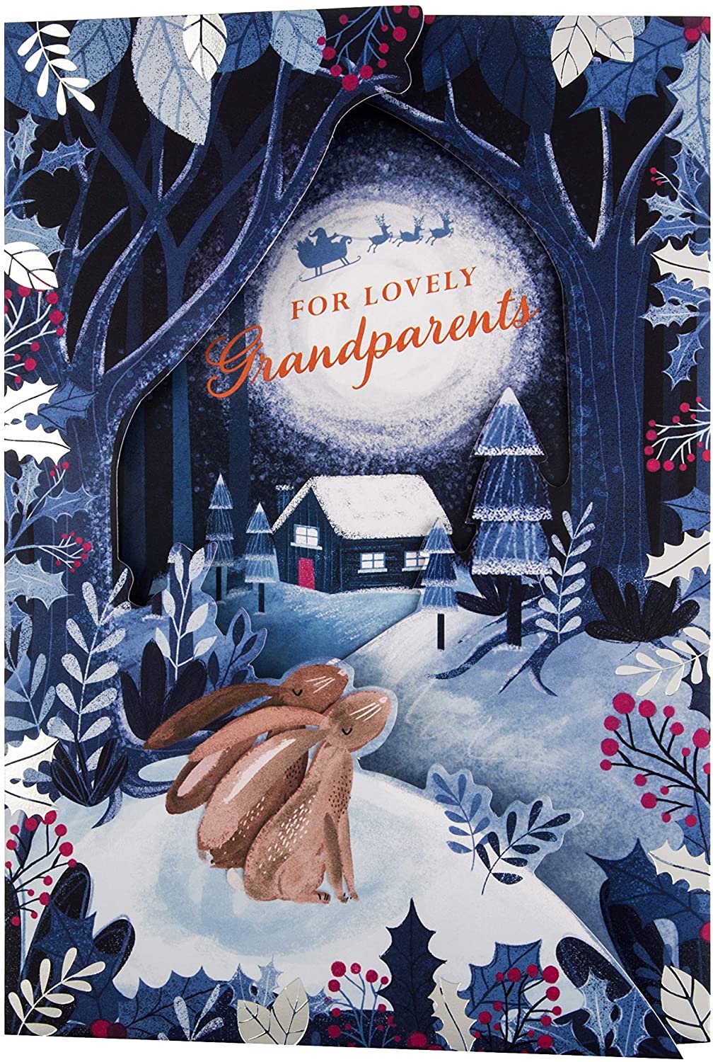 Hallmark Christmas Card for Grandparents - Traditional Rabbit Design, Blue, Purple & Silver, 22.8 cm by 15.9 cm