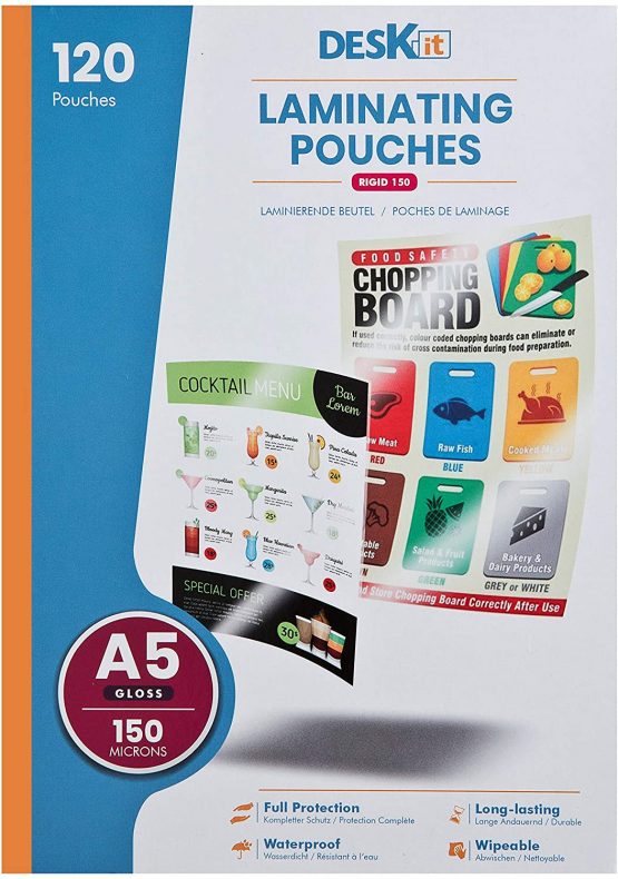 Deskit A5 Laminating Pouches, Gloss, 120 Sheets, 150 Microns- Clear and Durable Presentations - Handy Size with Ideal Rigidity for Everyday Use.