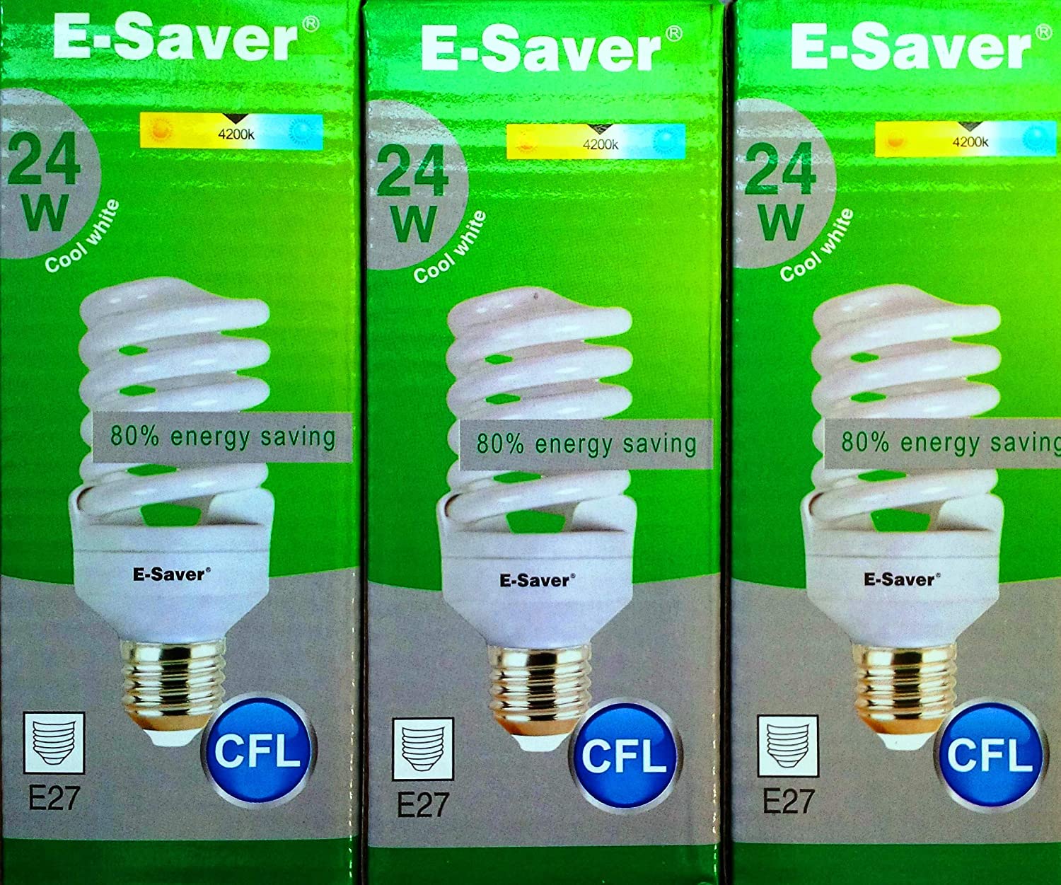 E-Saver, CFL Full Spiral, Energy Saving Light Bulbs -24w = 120 Watt, (Pack of 3), 4200k Cool White Light Bulbs, Screw in Cap