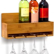 Relaxdays Wine Shelf With Glass Holder: 17 x 37 x 11.5 cm Bottle Stand Bamboo With Space For 4 Bottles & 4 Glasses Wall-Mounted Hanging Wooden Shelf As Bottle Holder, Natural Brown