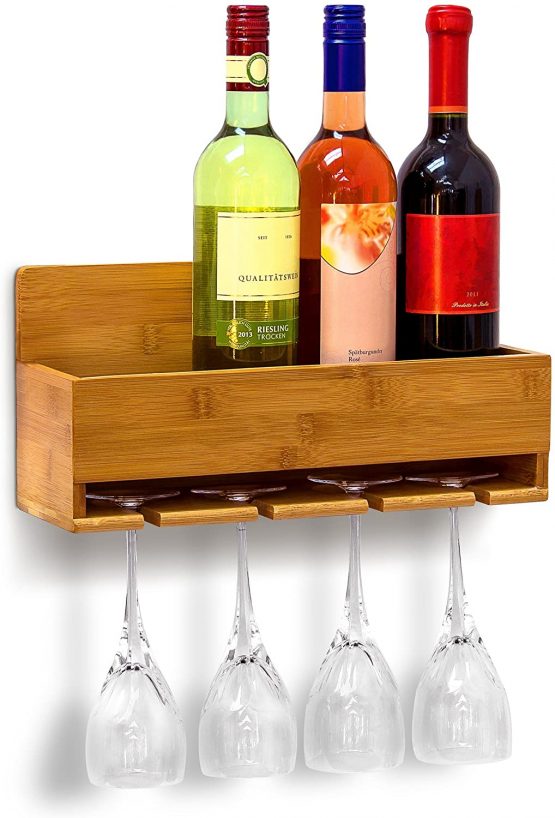 Relaxdays Wine Shelf With Glass Holder: 17 x 37 x 11.5 cm Bottle Stand Bamboo With Space For 4 Bottles & 4 Glasses Wall-Mounted Hanging Wooden Shelf As Bottle Holder, Natural Brown