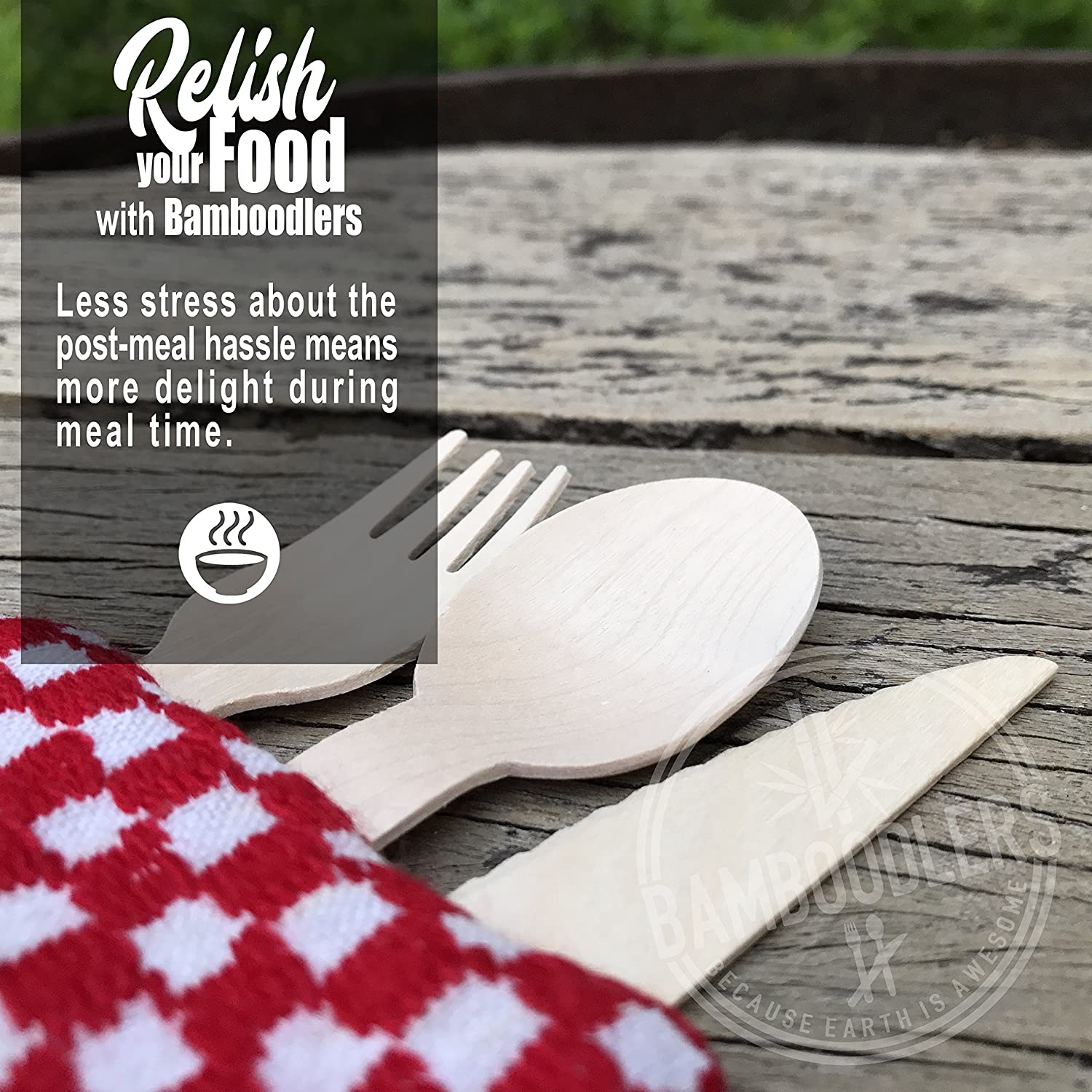 Disposable Wooden Cutlery set by Bamboodlers | 100% All-Natural, Eco-Friendly, Biodegradable, and Compostable - Because Earth is Awesome! Pack of 200- 16.5cm utensils (100 forks, 50 spoons, 50 knives) - Image 3