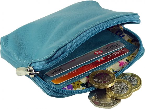 Small Soft Leather Credit Card Holder and Coin Zip Purse (Aqua Blue) - Image 2