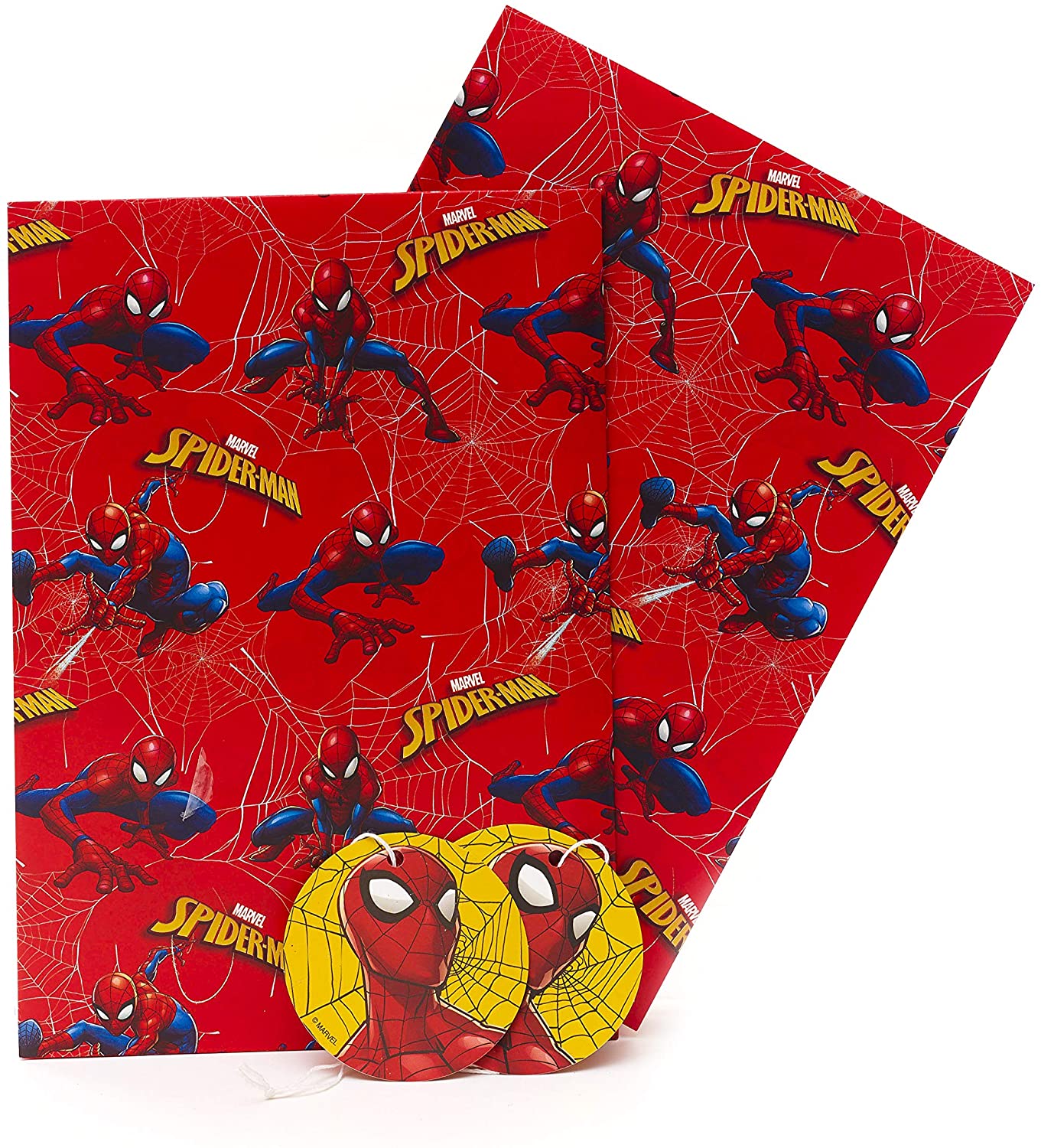 UK Greetings Marvel Spiderman, Superhero, Birthday Boy Wrapping Paper,Red,2 sheets, 2 tags, 2 Count (Pack of 1)