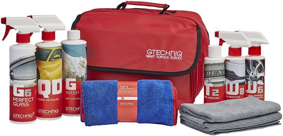 Gtechniq Essential Maintenance Kit - Includes GWash, Quick Detailer, Tyre Dressing, Zero Scratch Microfiber Drying Towel, ZeroR Buff Cloth, Bug Remover, Fallout Remover, Perfect Glass Branded Kit Bag