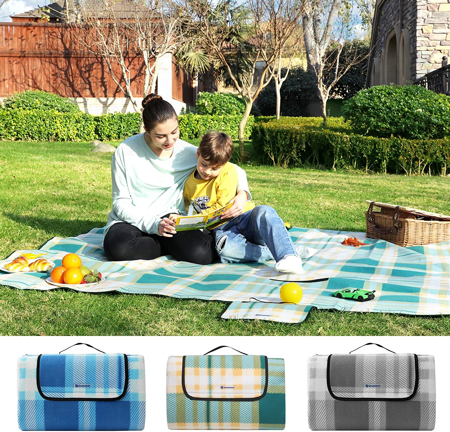 SONGMICS Picnic Blanket, 195 x 200 cm, Large Camping Mat and Rug for