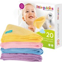 Little Gubbins 20 Microfibre Baby Wipes with Free Laundry Bag | Pack of 20 x 20cm Reusable, Washable, Dry, Unscented Cloths | Multipack of Rainbow Colours Ideal for Hands & Faces