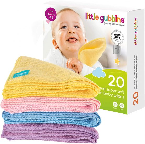Little Gubbins 20 Microfibre Baby Wipes with Free Laundry Bag | Pack of 20 x 20cm Reusable, Washable, Dry, Unscented Cloths | Multipack of Rainbow Colours Ideal for Hands & Faces