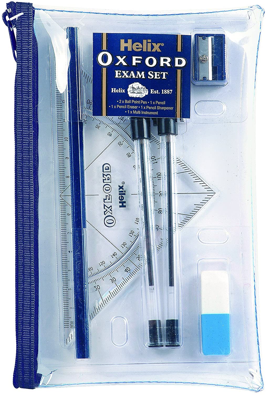 Helix Oxford Filled Exam Pencil Case Set, Clear Case with Black Ballpoint Pens, Pencil, Eraser